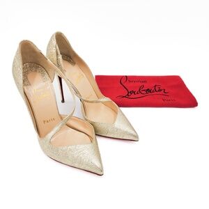 Christian Louboutin Gold Leather Cross-Strap Pumps Heels EU 37.5